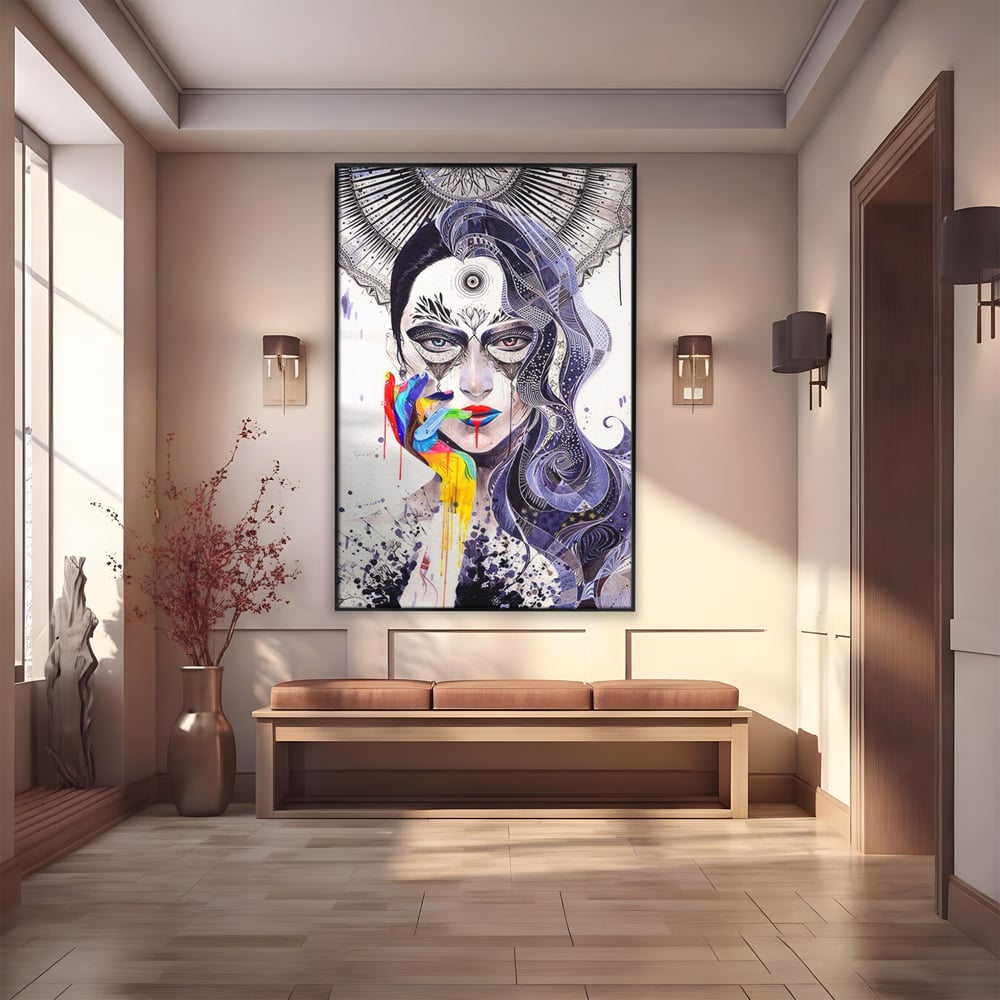 Tablou canvas cu tablou canvas cu portret abstract feminin, in rama de aluminiu negru
